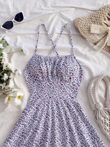 Soleia 碎花交叉系带露背吊带夏季可爱迷你连衣裙，适合春季 - 粉色 - 查看 4