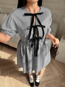 Váy mini tay bồng dễ thương họa tiết kẻ caro đen trắng cỡ lớn dành cho nữ, trang phục xuân hè - Đen và trắng - Xem 4