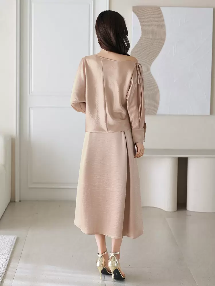 2pcs/Set Women Solid Color Asymmetrical Neck Blouse And Dress Suit,Fall Dress Long Sleeve Dress