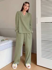 DAZY Women's Thick Knit Fabric Loungewear Set, Autumn/Winter, Fall Clothes Pajama, Cozy Outfit - Army Green - View 3