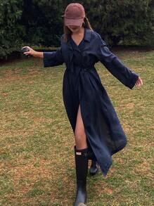 Livesso 女士休闲户外纯色收腰长袖风衣，春夏秋季女装外套 - 藏蓝色 - 查看 4