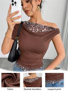 SHEIN Unity Knitted Leopard Print Lace Splice Oblique Shoulder Short Sleeve T-Shirt - Brown - View 1