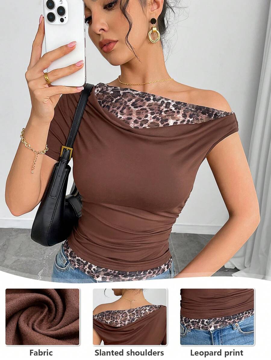 SHEIN Unity Knitted Leopard Print Lace Splice Oblique Shoulder Short Sleeve T-Shirt - Brown - View 1
