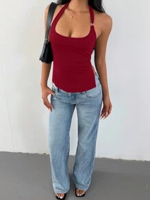 SHEIN SXY Summer;Black Casual Sleeveless Top With Slit Hem And Halter Neck