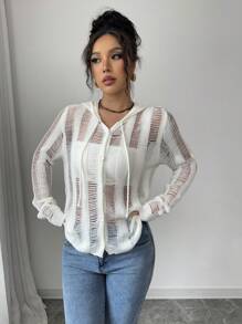 SHEIN Unity Women's Solid Color Front Button Long Sleeve Simple Hoodie Top, Casual Everyday Wear Fall Cloth For Women - White - View 6