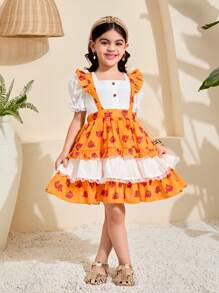 SHEIN Leap Crew Conjunto de 2 Peças: Top Branca com Manga Bufante para Meninas Jovens e Vestido Salopete com Estampa de Rosas Amarelas, Adequado para Férias, Uso Diário, Festa, Adorável Princesa