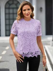 SHEIN Clasi Women's Solid Color Lace Trim Short Sleeve Casual Top, Everyday Wear