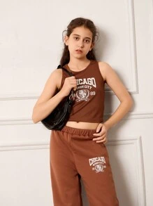 SHEIN 2 件套 青少年女孩运动休闲舒适设计图案印花吊带背心和紧身裤 - 棕色 - 查看 4