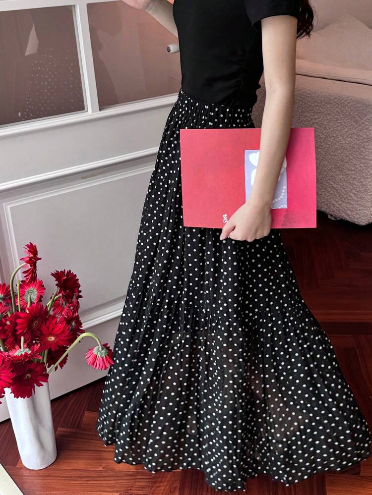 Women Polka Dot Chiffon Versatile Black & White Skirt Fall Skirts