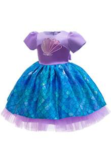 Glamorique Kids Baby Girls' Round Neck Short Puff Sleeve Elegant Mermaid Scale Print Party Dress - Purple - View 3
