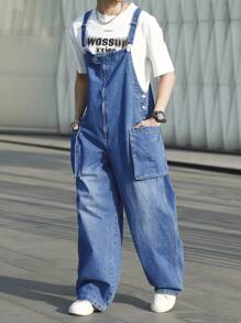 Manfinity Hypemode Pantalones de peto vaqueros casuales de pierna ancha y bolsillo para hombre, corte holgado