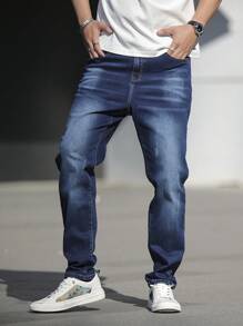 Manfinity Homme Men's Casual Loose Fit Pocket Denim Jeans, For Daily Wear - Dark Wash - View 4