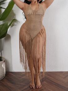 Swim SXY Plus Size Women Lightweight Fringe Hem Cover Up Dress With Side Slit, Tie Waist And Open Back, Beach Cover Up, For Summer Vacation - Khaki - View 1