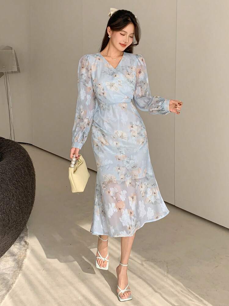 Women V-Neck Floral Print Midi Dress With Puff Sleeves,Fall Dress Long Sleeve Dress
