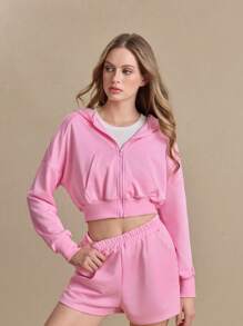Women Solid Color Long Sleeve Zip-Up Hooded Sports Jacket