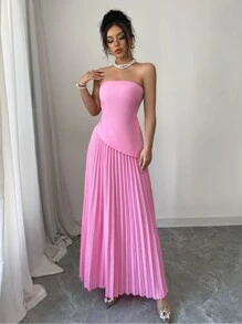 Elenzga 2pcs Women Bandeau Top & Pleated Skirt Set