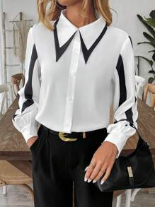 SHEIN Clasi 女士休闲撞色印花衬衫，适合通勤 - 黑與白 - 查看 4