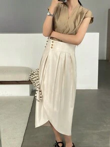 DAZY 女士休闲长款梭织面料半身裙，带拉链细节和褶裥设计，秋季半身裙 - 米色 - 查看 6