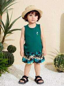 SHEIN Conjunto de 2 piezas de ropa de vacaciones para bebé niño, con parte superior de cuello redondo sin mangas con estampado de palmeras y pantalones cortos de cintura elástica