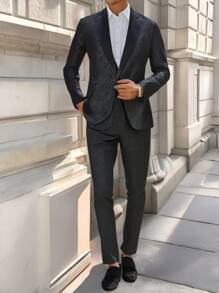 Manfinity Mode Plus Size Men Jacquard Lapel Neck Blazer And Pants Suit Set - Black - View 3