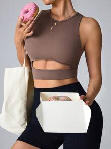 Easithlete Women Solid Color Round Neck Sleeveless Hollow-Out Slim Fit Sport T-Shirt & Tank Top - Khaki - View 4