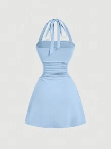 SHEIN MOD Vestido de corte evasé con cuello halter en azul claro para mujer - Celeste - Ver 2