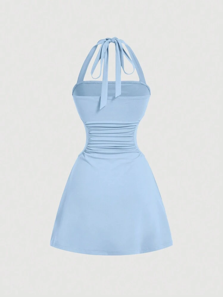 SHEIN MOD Women's Light Blue Halter-Neck A-Line Dress | SHEIN USA