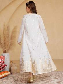 SHEIN 2pcs Teen Girls Fashion Foil Print Dress Set, Elegant Long Robe - White - View 7