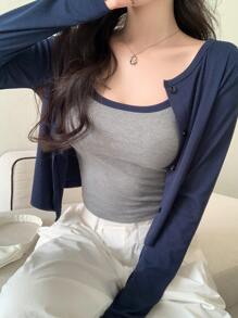 DAZY 2pcs Women Casual Contrast Color Trim Camisole & Solid Color Long Sleeve Top Set,Fall Women Clothes - Blue - View 4