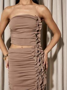 AiiRZ Ruched Bandeau Top And Maxi Skirt Set Formal Evening Wedding Guest Party Cocktail Elegant Bodycon Co-Ord Set Glamorous Special Occasion Outfit