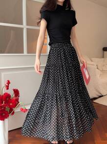 DAZY Women Polka Dot Chiffon Versatile Black & White Skirt Fall Skirts