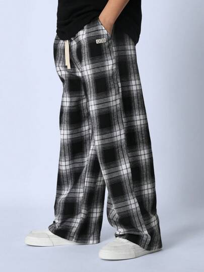 SUMWON Wide Leg Plaid Check Pants Relaxed Fit Casual Drawstring Streetwear Skater Style All-Season Comfortable Everyday Wear Youth Fashion