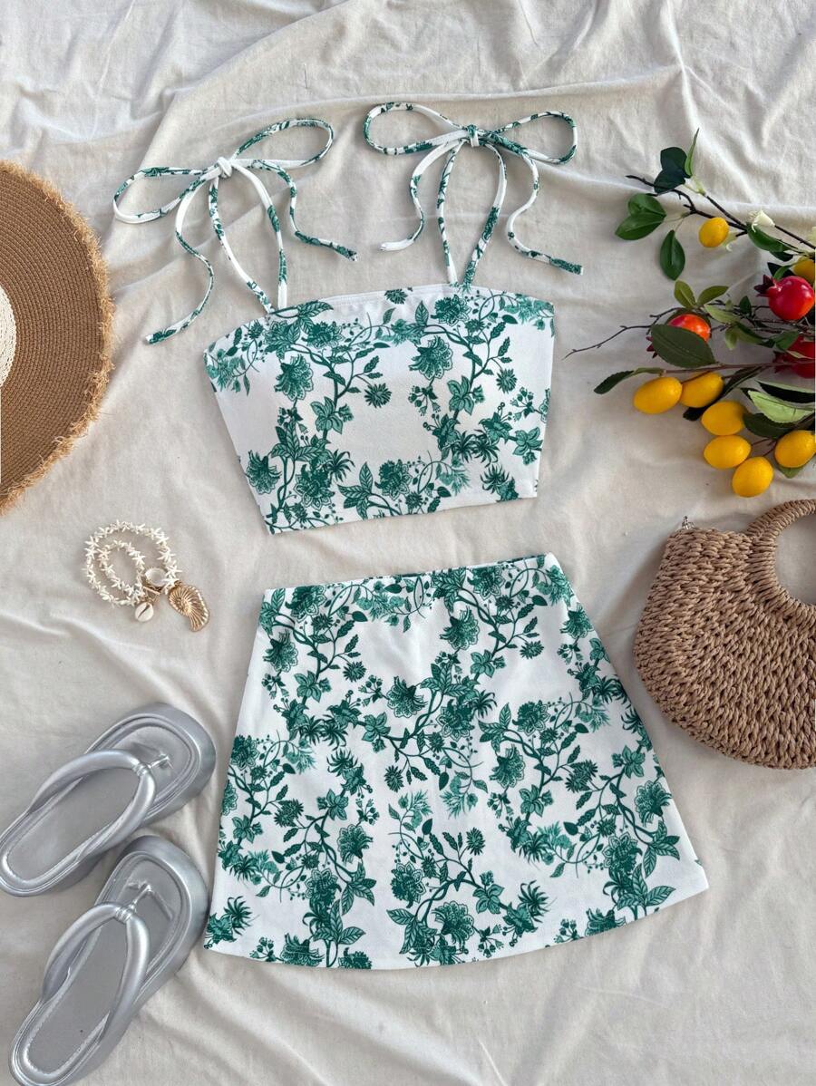 Soleia 2pcs/Set Women Floral Knit Texture Drawstring Waist Skirt, Romantic Casual Holiday