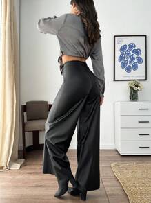 SHEIN Tall Zipper Detailed Slant Pockets Straight Fit Leather Pant - Black - View 2