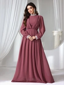 Coutiva Women Contrast Rhinestone Mock Neck Long Sleeve Prom Party Dress, Wedding Guest Dress, Formal Dress, Evening Dress