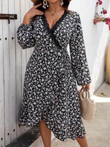 SHEIN LUNE Plus Size Women Lace Patchwork V-Neck Cinched Waist Long Sleeve Ditsy Floral Elegant Dress Fall Cloth For Women - Black - View 6
