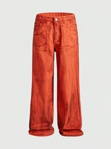 ROMWE MEN Grunge Punk Men's Loose Fit Wide Leg Pockets Casual Versatile Jeans - Burnt Orange - View 8