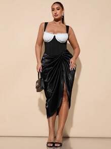 SHEIN BAE Top de encaje negro con parches y escote halter para mujer de talla grande, con bajo curvo de encaje floral, elegante corpiño con lazo, top de corsé con cintura de espina de pescado, adecuado para el Día de San Valentín, Carnaval, playa, vacaciones, vuelta al cole, primavera/verano, corsé curvilíneo - Negro - Ver 2