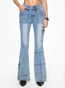 ROMWE Jeans de mezclilla sencillos con bolsillo delantero con botones para mujer, uso casual de todos los días