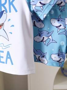 Toddler Boys' 1-3 Years Old Fashion Swimwear Set. Shark Print Sports Outfit. White Top With Light Blue Sleeves And Blue Shark Printed Shorts Set, Bright Colors, Suitable For Baby Boy's First Beach Trip And Swimming, Stretchy Fabric For Easy Movement, Perfect For Toddlers, Fashionable And Adorable Beach Look Boy Clothes For Kids Baby Boys Sets Baby Boy Beach Wear Toddler Beach Wear Boy Clothes For Baby Baby Boys Clothing Summer