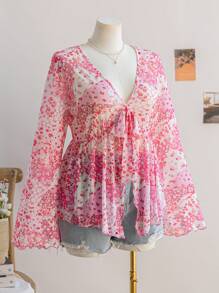 Soleia 大码女式复古拼布花卉印花针织网眼前开腰喇叭袖衬衫 - 粉色 - 查看 3