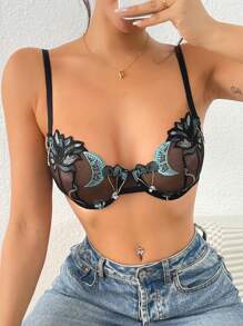 1pc Embroidery Padded Lingerie Brassiere With Underwire For Women