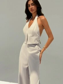 SHEIN Privé 大码春夏休闲优雅通勤办公室女士服装 - 深 V 领露背背心和阔腿裤套装，修身显高 - 杏色 - 查看 8