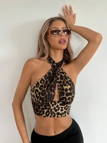 SHEIN ICON Women's Halter Neck Leopard Print Tank Top, Casual Vacation