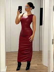 SHEIN ICON Vestido largo con detalle retorcido en el hombro, corte en el hombro y cintura ceñida