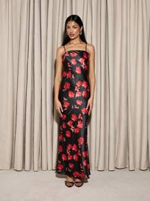 AiiRZ Elegant Floral Evening Maxi Dress Satin Black Red Rose Print Straight Neck Special Occasion Wedding Guest Formal Prom Party Gown