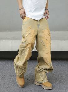 Manfinity Hypemode Men's Casual Washed Vintage Patch Denim Jeans - Yellow - View 3