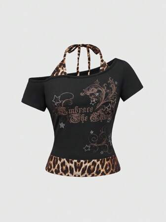 Grunge Punk Camiseta con tirantes de estilo sexy Y2K para mujer, de 2 en 1, con cuello halter de contraste color corbata de moño