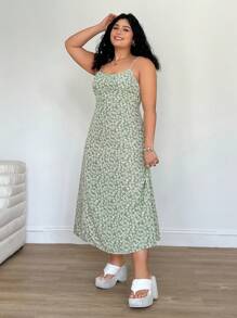Solflare 加大码女士海滩度假装，白色碎花绿色吊带连衣裙，春夏装 - 彩色 - 查看 4