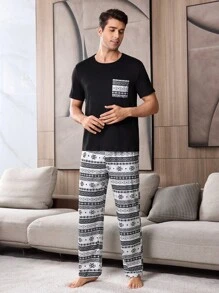 Geometric Pattern Print Leisure Patch Pocket Short Sleeve Pants Men Pajama Set - Black and White - View 6